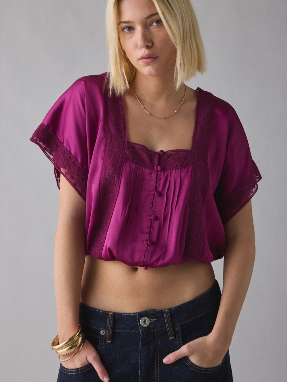Urban Outfitters Kimchi Blue Ada Lace Trim Satin Blouse (Purple, XXS)